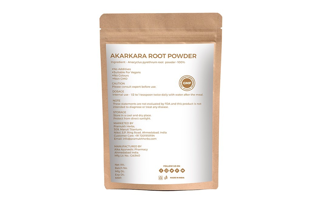 Pramukh Herbs Akarkara Root Powder Anacyclus Pyrethrum   Pack  227 grams